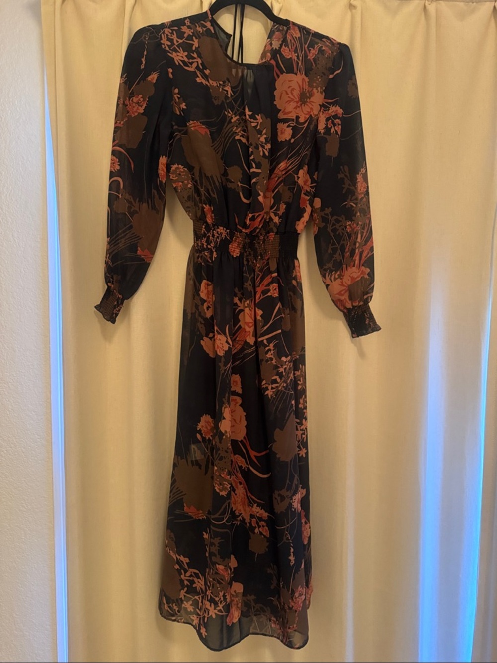 Floral Long-Sleeve Midi Dress - Black with Rust Floral